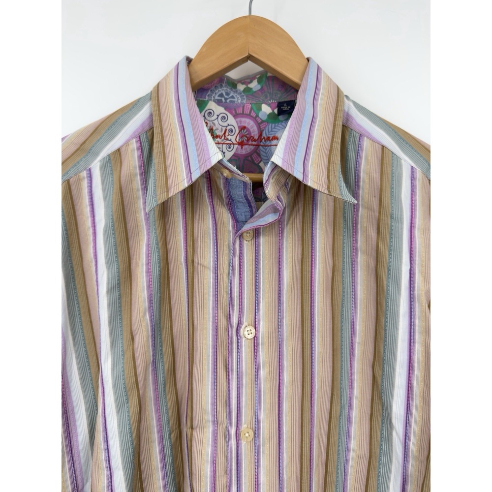 Robert Graham Purple Tan Striped Long Sleeve Button Up Shirt Sz L Contrast Cuffs